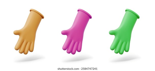 Set of rubber gloves of different colors. Classic accessories to protect hands during cleaning. Device for sanitary worker, cleaner, householder. Vector isolated templates on white background