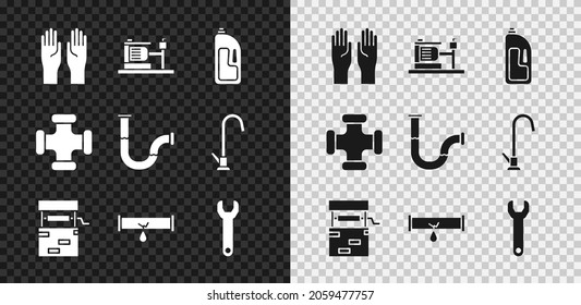 Set Rubber gloves, Electric water pump, Container with drain cleaner, Well, Broken pipe leaking, Wrench spanner, Industry metallic and  icon. Vector