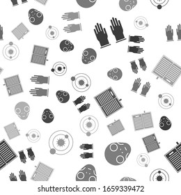 Set Rubber gloves, Extraterrestrial alien face, Open science book and Solar system on seamless pattern. Vector