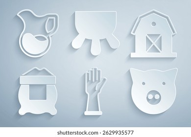 Set Rubber gloves, Farm house, Bag of flour, Pig, Udder and Jug glass with milk icon. Vector