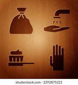 Set Rubber gloves, Garbage bag, Toothbrush with toothpaste and Washing hands with soap on wooden background. Vector