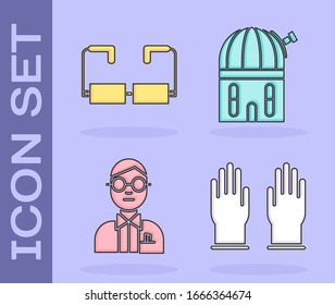 Set Rubber gloves, Glasses, Scientist and Astronomical observatory icon. Vector