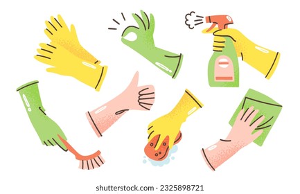 Juego de guantes de goma sujetando botellas de pulverización, cepillo y mostrando diversos gestos. Ilustración vectorial del concepto del trabajo doméstico. Manos usando guantes de látex para limpiar la casa. Los elementos están aislados.