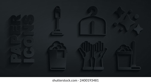 Set Rubber gloves, Home cleaning service, Bucket with foam, Mop and bucket, Hanger wardrobe and Vacuum cleaner icon. Vector