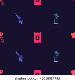 Set Rubber gloves, Honey dipper stick, Pack full of seeds of plant and Watering can on seamless pattern. Vector