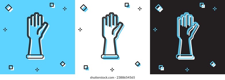 Establece el icono Guantes de goma aislados en fondo azul y blanco, negro. Signo de protección de la mano de látex. Símbolo del equipo de limpieza de limpieza de la casa.  Vector