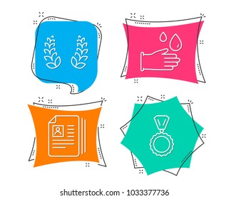 Set of Rubber gloves, Laurel wreath and Cv documents icons. Medal sign. Hygiene equipment, Laureate reward, Portfolio files. Winner.  Flat geometric colored tags. Vivid banners. Trendy graphic design