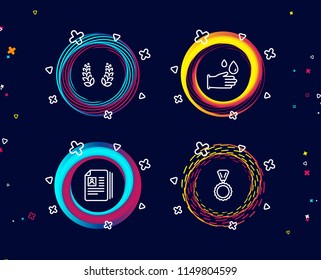 Set of Rubber gloves, Laurel wreath and Cv documents icons. Medal sign. Hygiene equipment, Laureate reward, Portfolio files. Winner.  Circle banners with line icons. Gradient colors shapes. Vector