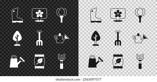 Set Rubber gloves, Location with flower, Flower tulip, Watering can, Fertilizer bag, Garden rake, Forest and  icon. Vector