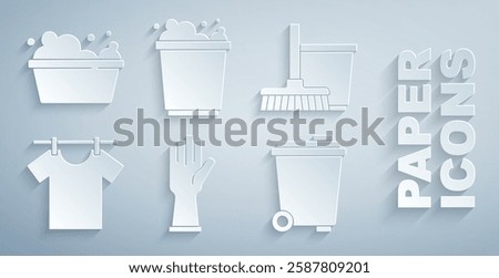 Set Rubber gloves, Mop and bucket, Drying clothes, Trash can, Bucket with foam and Basin soap suds icon. Vector