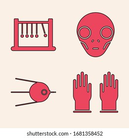 Set Rubber gloves, Pendulum, Extraterrestrial alien face and Satellite icon. Vector
