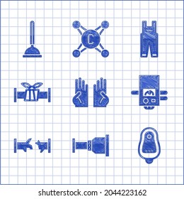 Set Rubber gloves, Pipe adapter, Toilet urinal or pissoir, Gas boiler, Broken pipe, Industry metallic, Work overalls and plunger icon. Vector