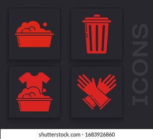 Juego de guantes de goma , Cuenca de plástico con jabón , Bañera de basura y cuenca de plástico con icono de jabón. Vector