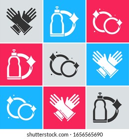 Set Rubber gloves , Plastic bottles for liquid dishwashing liquid and Washing dishes  icon. Vector