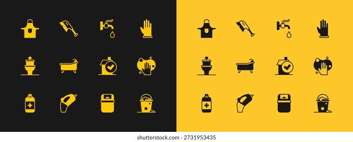 Set Rubber gloves, Portable vacuum cleaner, Home cleaning service, Trash can, Bathtub, Water tap, Kitchen apron and Brush for icon. Vector
