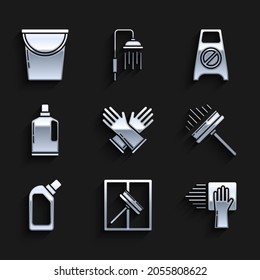 Gummihandschuhe, Squeegee, Schrott, Wischer, Reinigungsdienst, Plastikflaschen für Flüssiggeschirrspülmittel, Nassboden und Reinigungsvorgang und Eimer Icon. Vektorgrafik