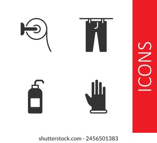 Set Rubber gloves, Toilet paper roll, Antibacterial soap and Drying clothes icon. Vector