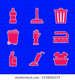 Conjunto de guantes de goma, aspirador, lavabo con camisa, cepillo para la limpieza, agente de botella, bote de basura e icono. Vector