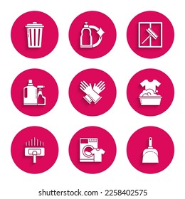 Set Rubber gloves, Washer and t-shirt, Dustpan, Plastic basin with soap suds, Vacuum cleaner, bottles for liquid dishwashing liquid, Squeegee, scraper, wiper and Trash can icon. Vector