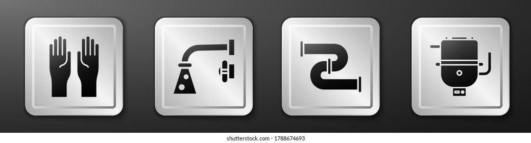 Set Rubber gloves, Water tap, Industry metallic pipe and Electric boiler for heating water icon. Silver square button. Vector