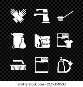 Fijar Guantes de goma, Grifo de agua, Pincel de inodoro, Cepillo para limpieza, Lavadora, Botellas de plástico líquido lavavajillas, Bañera de basura e Icono de hierro y toalla eléctricos. Vector