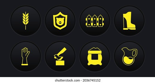 Set Rubber Gloves, Waterproof Rubber Boot, Wooden Axe, Bag Flour, Garden Fence Wooden, Shield With Pig, Jug Glass Milk And Wheat Icon. Vector