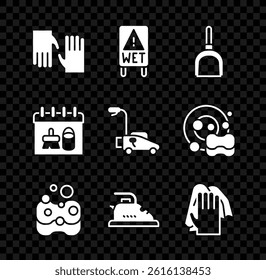 Set Rubber gloves, Wet floor, Dustpan, Sponge, Electric iron, Cleaning service, calendar and Lawn mower icon. Vector