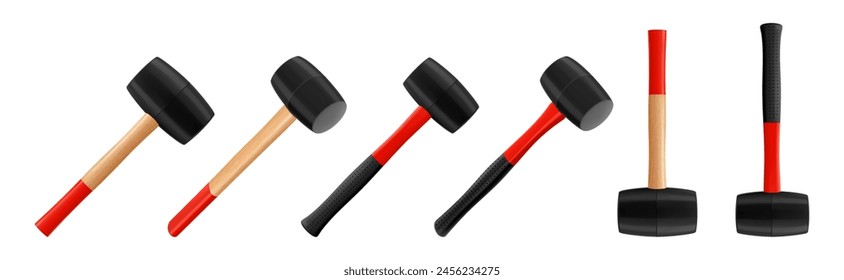 Conjunto de martillos de goma, aislado sobre fondo blanco. Martillos de azulejos. Herramientas manuales para la colocación de baldosas y piedras. Herramienta para enderezar el trabajo. Ilustración vectorial 3D realista