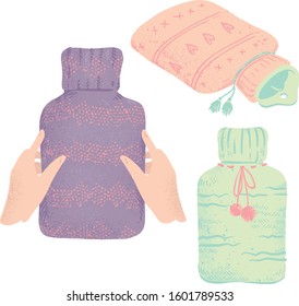 Set of rubber hot water bottles  in  knitted covers vector illustration 