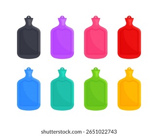 Set of rubber hot water bottles in black, purple, pink, red, blue, green, teal, yellow. Healthcare accessory, Pain relief, self-care concept. Flat vector illustration isolated on white background