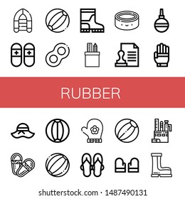 Set Of Rubber Icons Such As Inflatable Boat, Slippers, Beach Ball, Floats, Boots, Stationery, Puck, Stamp, Pear Enema, Glove, Pamela, Sandals, Hand Glove, Gloves , Rubber