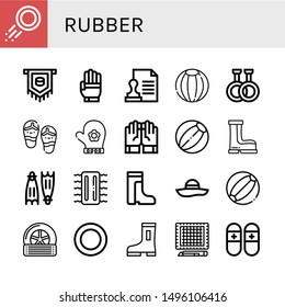 Set of rubber icons such as Puck, Glove, Stamp, Beach ball, Rubber, Flip flops, Hand glove, Gloves, Boots, Flippers, Inflatable, Pamela, Tyre, Cutting mat, Slippers , rubber