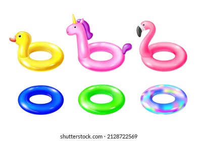 Set rubber inflatable ring,  swimming pool floats isolated on white background. Cute unicorn, flamingo, duck, tube, float vector realistic illustration. Design for poster, banner, print