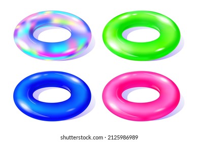 Set of rubber inflatable rings isolated on white background. Swimming colorful ring icons. Vector realistic illustration innertube. Design for poster, banner, print