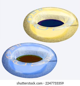 Set of rubber inflatable swimming pool rings. Toy for water and beach or trip safety. Life saving floating lifebuoy for beach or ship. Vector illustration.3d creative summer background in floating on.