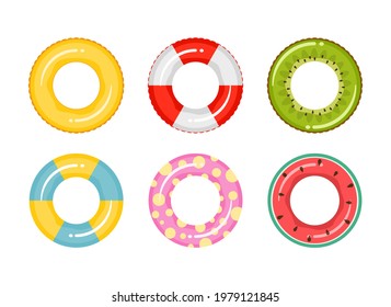 Set of rubber inflatable swimming rings. Toy for water and beach or trip safety. Life saving floating lifebuoy for beach or ship. Vector illustration.