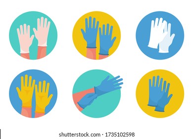 Set of rubber medical protective gloves. Yellow blue and translucent latex gloves. Medical professional equipment. Symbol of protection against viruses and bacteria. Vector illustration flat design.