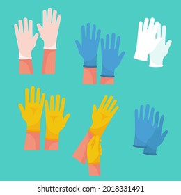 Set Of Rubber Medical Protective Gloves. Yellow Blue And Translucent Latex Gloves. Medical Professional Equipment. Symbol Of Protection Against Viruses And Bacteria. Vector Illustration Flat Design.