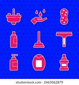 Set Rubber plunger, Bottle of shampoo, Mouthwash bottle, cleaner, for cleaning agent, Sponge and Washbasin with water tap icon. Vector