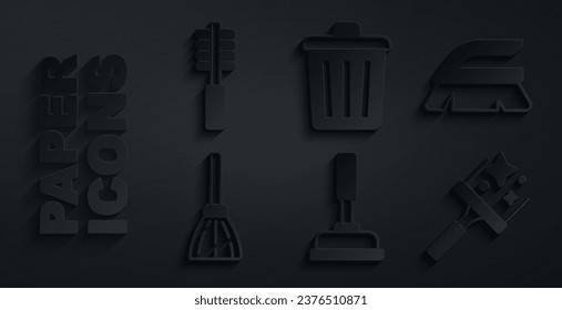 Set Rubber plunger, Brush for cleaning, Handle broom, cleaner windows, Trash can and Toilet brush icon. Vector