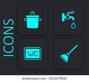Ajuste el émbolo de goma, la olla de cocina, el grifo de agua y el icono del inodoro. Botón cuadrado negro. Vector