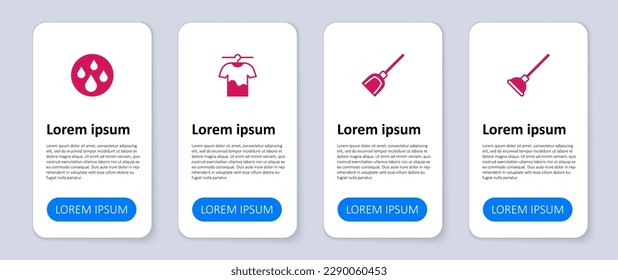 Set Rubber plunger, Dustpan, Drying clothes and Water drop. Business infographic template. Vector