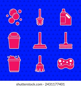 Set Rubber plunger, Feather broom, Sponge, Handle, Bucket with foam, Trash can, Bottle for cleaning agent and Soap water bubbles icon. Vector