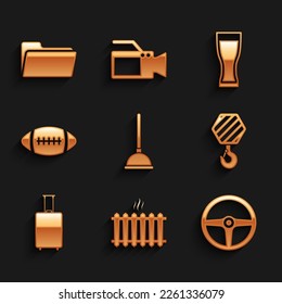 Gummikolben, Heizkörper, Lenkrad, Industriehaken, Reisekoffer und American Football Symbol setzen. Vektorgrafik