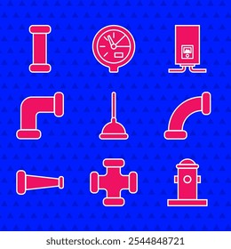 Set Rubber plunger, Industry metallic pipe, Fire hydrant, Gas boiler with burning fire and  icon. Vector