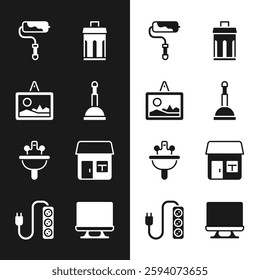 Set Rubber plunger, Picture, Paint roller brush, Trash can, Washbasin, House, Smart Tv and Electric extension icon. Vector