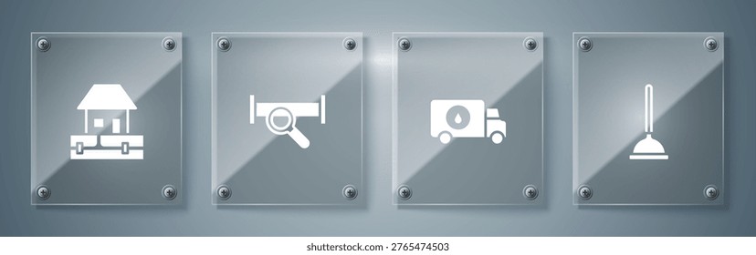 Set Rubber plunger, Plumber service car, Industry metallic pipe and Water supply pipes. Square glass panels. Vector
