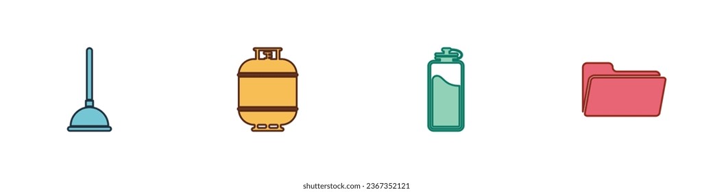 Set Rubber plunger, Propane gas tank, Sport bottle with water and Folder icon. Vector