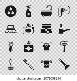 Set Rubber plunger, Shaving razor, Water tap, Bathtub, Bar of soap, Brush for cleaning, drop and Towel stack icon. Vector