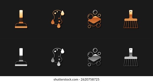 Set Rubber plunger, Sponge, Bar of soap and Handle broom icon. Vector